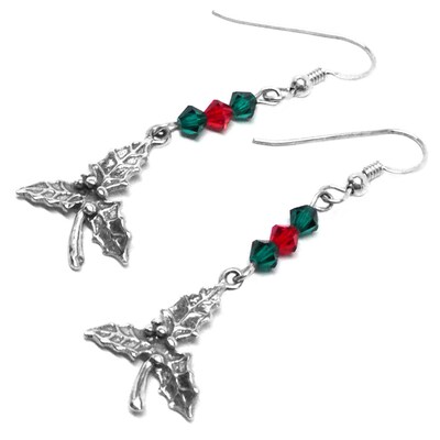 Sterling Silver Christmas Holly Charm Earrings Red Green Crystal - image3